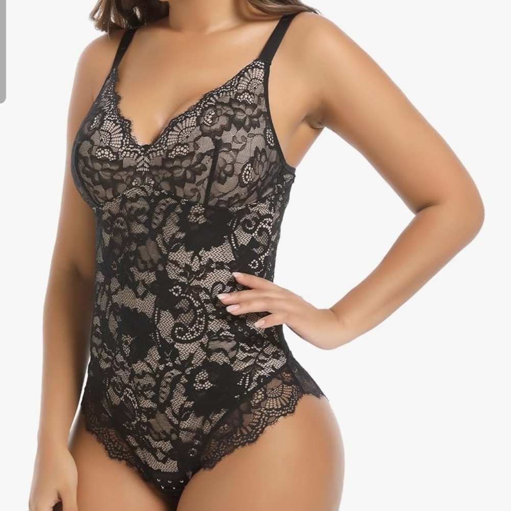 Voxshe Lace Shapewear Bodysuit Large Black Tummy Control V-Neck Fajas